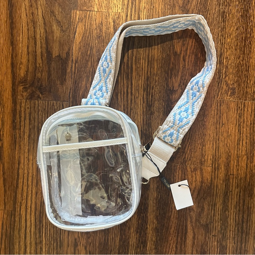 Clear Sling/Crossbody Bag with Blue & White embroidered Strap